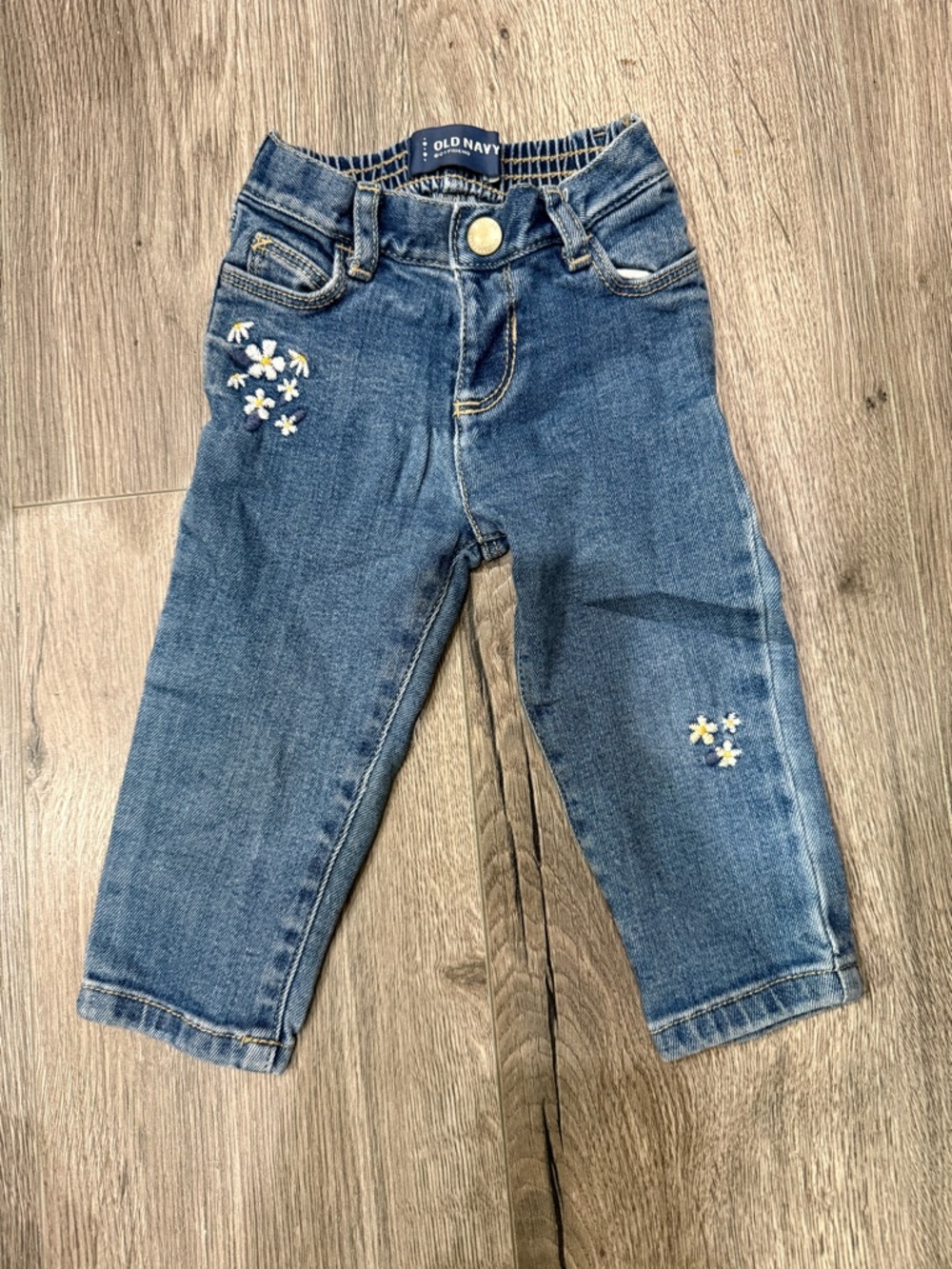 Old Navy Girls 6-12mo Denim Jeans with White Daisy Embroidery and Elastic Waist